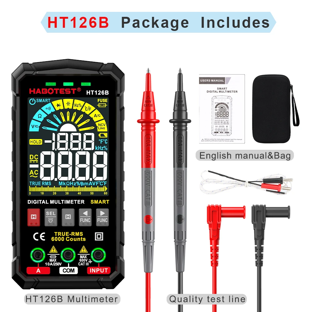 HT126B 6000 Counts Smart Multimeter Auto Recognition DC/AC Voltage/Resistance/Continuity Ohm HZ Diode Live Electrician Meter