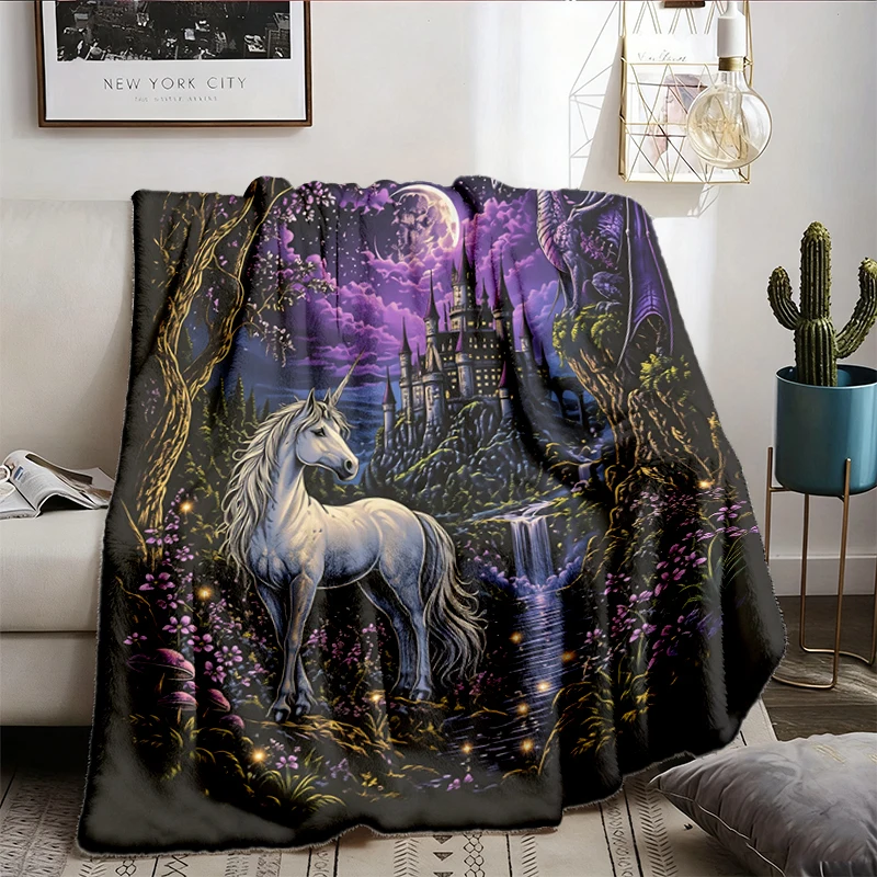 90s Fantasy Unicorn Soft Blanket, Magical Pegasus Graphic Comfy Blanket, Medieval Castle Dragon Flannel Blanket, Fairyco