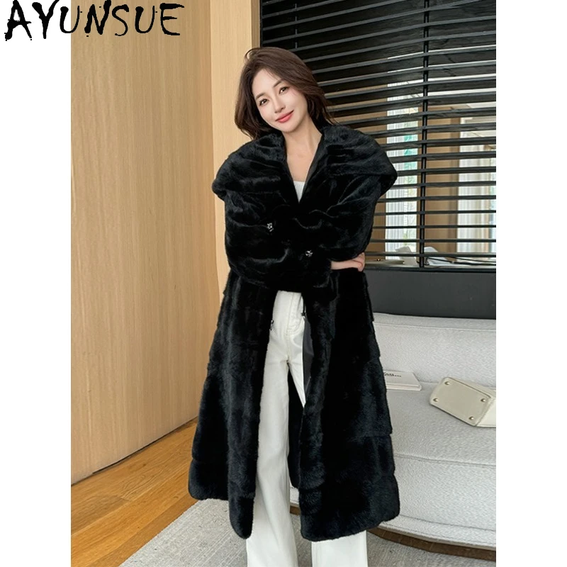 

AYUNSUE Mink Fur Coat Woman Black Fur Coat Winter Clothes Woman High Quality Luxury Fashion Clothes for Woman Abrigos De Mujer