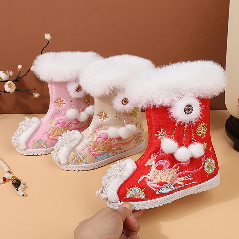 Winter Girls Embroidered Shoes Plush Cotton Boots Chinese New Year Girl Shoes Red Warm Kids Princess Performance Dance CSH1665