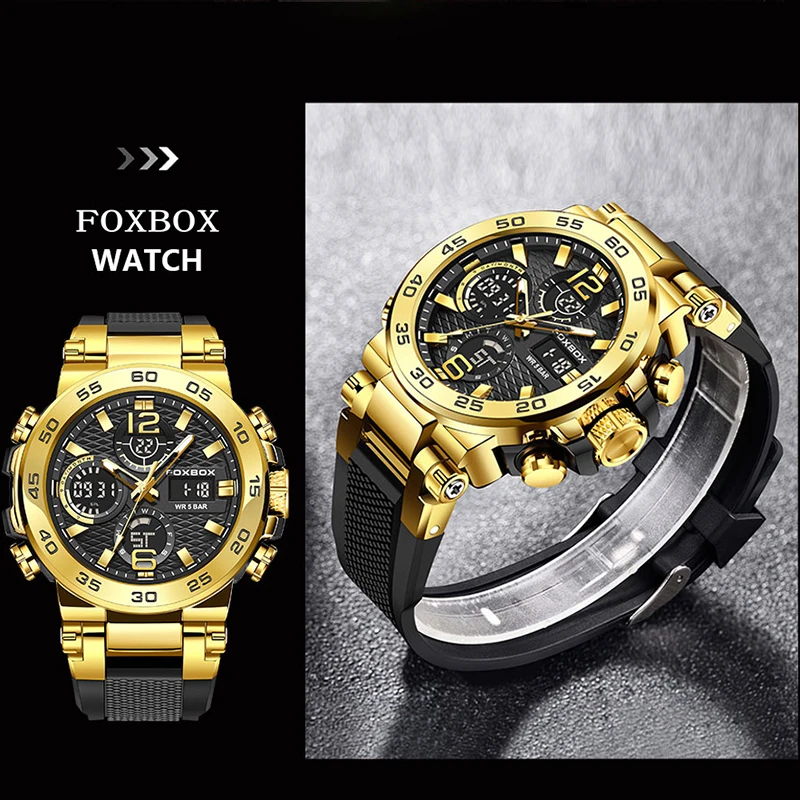 

FOXBOX electronic mens wristwatch Fashion Luxury Quartz Waterproof Dual Display Luminous Chronograph Sports military watches men