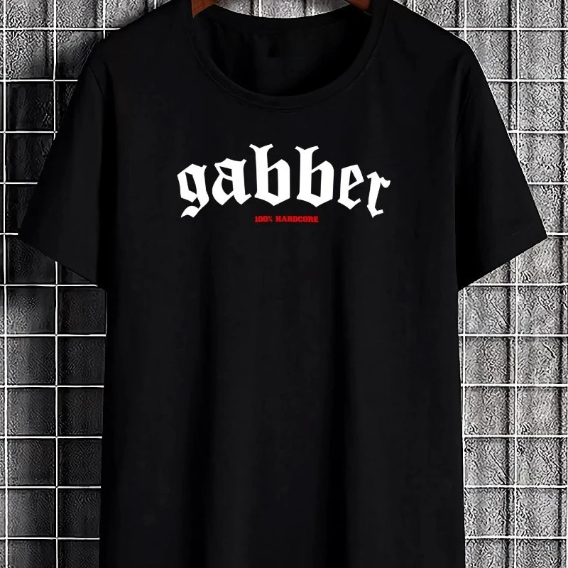 Men's Gabber Graphic T-Shirt – Black Logo Streetwear Tee Unisex Casual Short-Sleeve Crew Neck Versatile All-Season Casual Wear