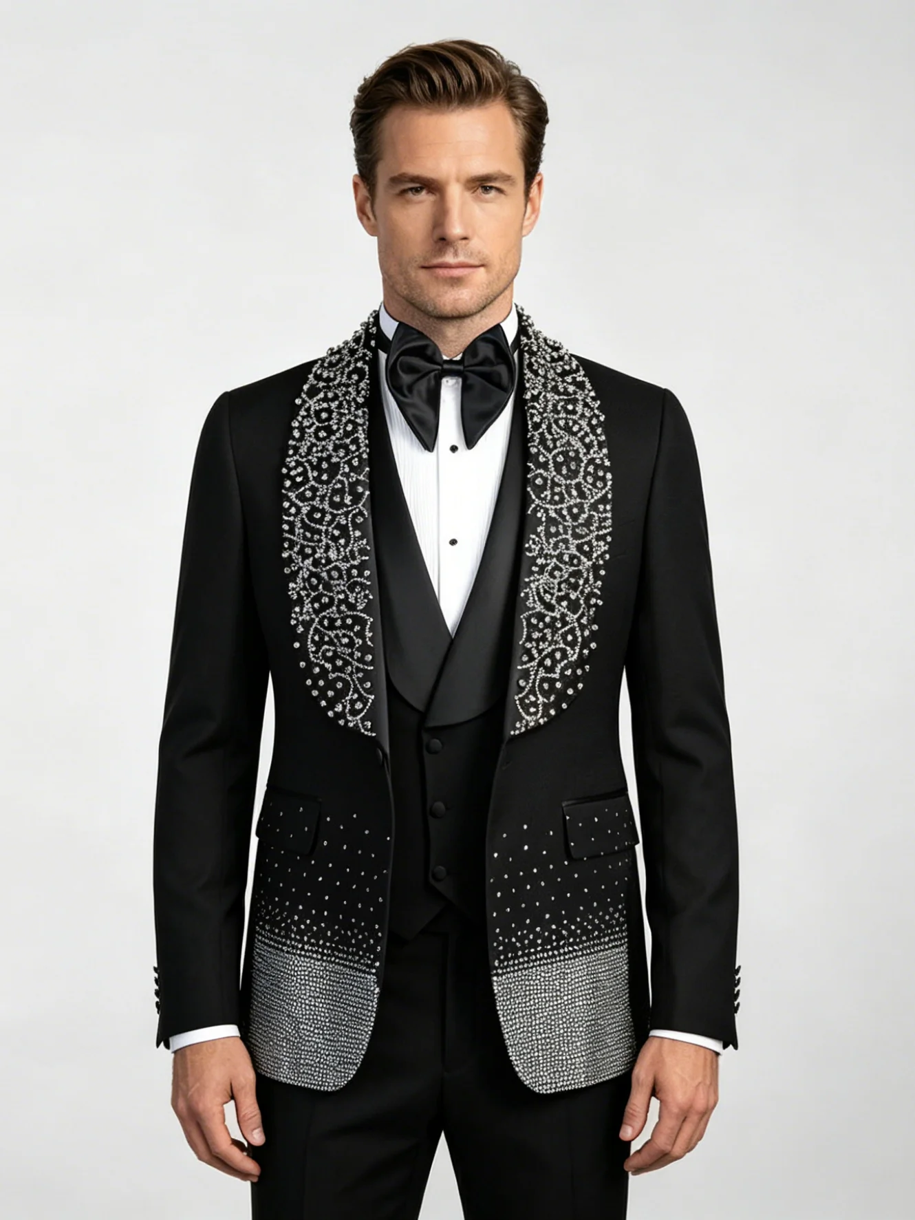 Stunning Beaded Lapel Black Men's 3-Piece Tuxedo Gradient Embellished Detail Formal Wedding Prom Gala Event Attire Customized