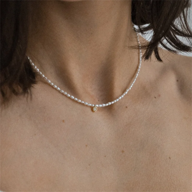 14K Gold Filled Natural Pearl Necklace Dainty Zircon Necklace Minimalism Tarnish Resistant Jewelry Boho Necklace for Women