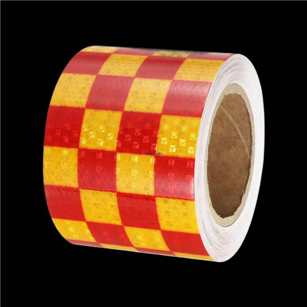 10cm*5m Waterproof Reflective Adhesive Tapes Self-Adhesive Yellow-Red High Visibility Safety Warning Grid Reflectors Car Sticker