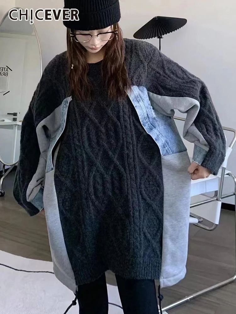 

CHICEVER Loose Knitting Sweater For Women Round Neck Long Sleeve Patchwork Denim Drawstring Hit Color Sweaters Female Autumn
