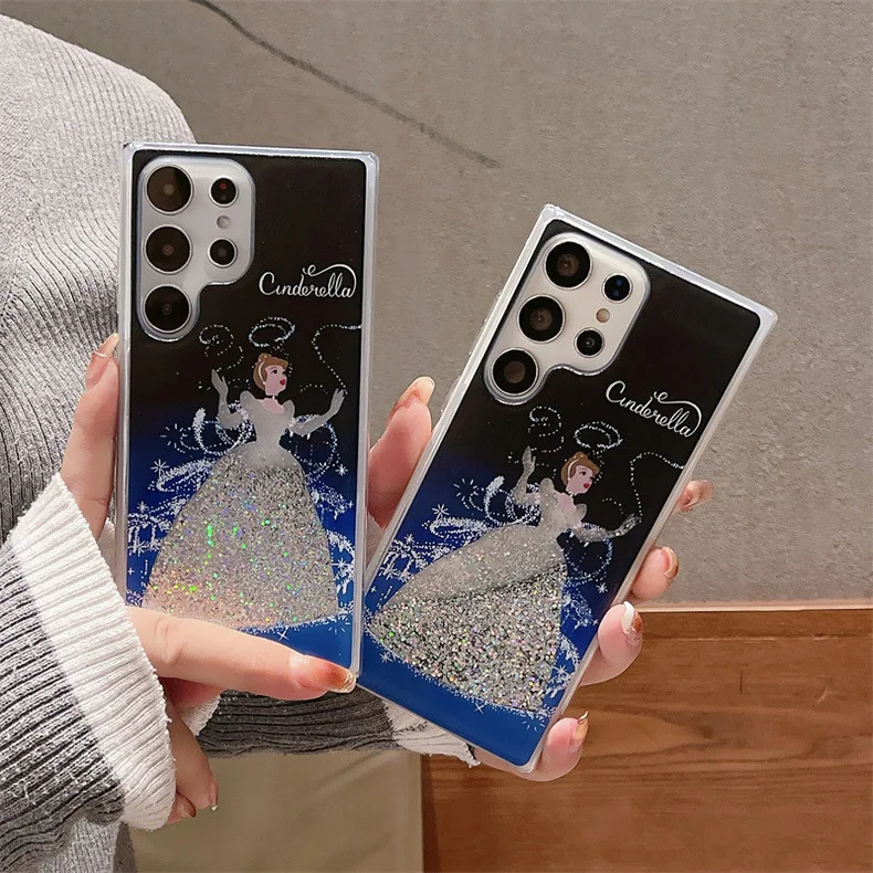 Disney Cinderella Bling Glitter Quicksand Phone Case For Samsung S22 S23 S24 Ultra S20 S21 Plus Note 20 A72 Cute Cartoon Cover