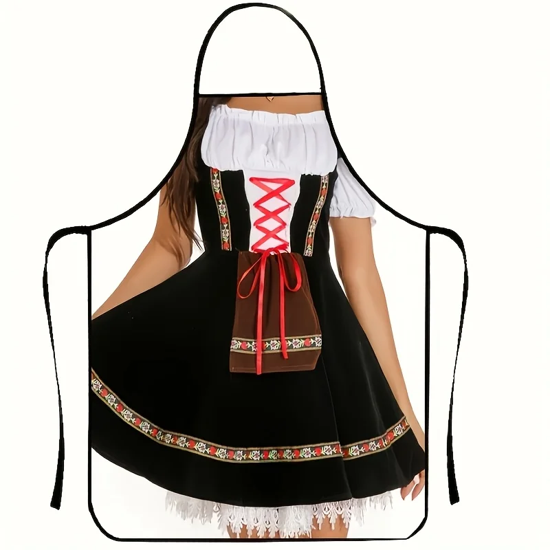 1pc Women's beer print apron dress elegant Bavarian style black Munich Oktoberfest outfit ruffled lace sleeves - square neckline