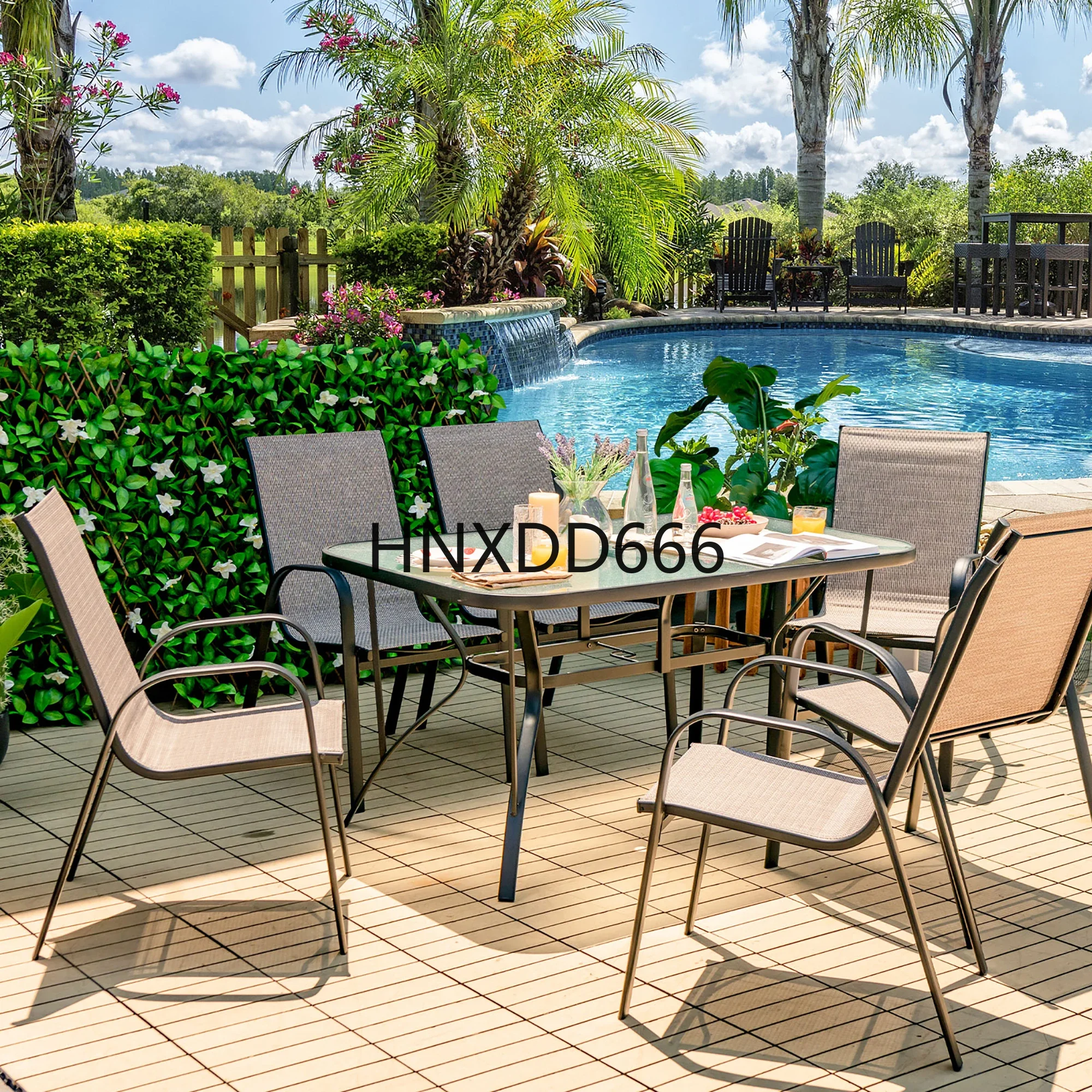 7PCS Patio Dining Set 6 Stackable Chairs Glass Table Umbrella Hole Yard