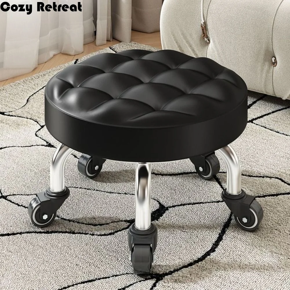 

PU Leather Rotating Rolling Stool 360 Degree Rotating Waterproof Rolling Pulley Chair Thickened Sponge Cushion Easy Mobility