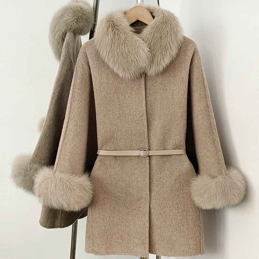 OFTBUY Neue Winter-Oberbekleidung für Damen, Cape-Stil, 100% reine Wolle, Mantel mit echtem Fuchspelzkragen, Manschetten und Gürtel, mittellange Wolljacke für Damen – Detail 6