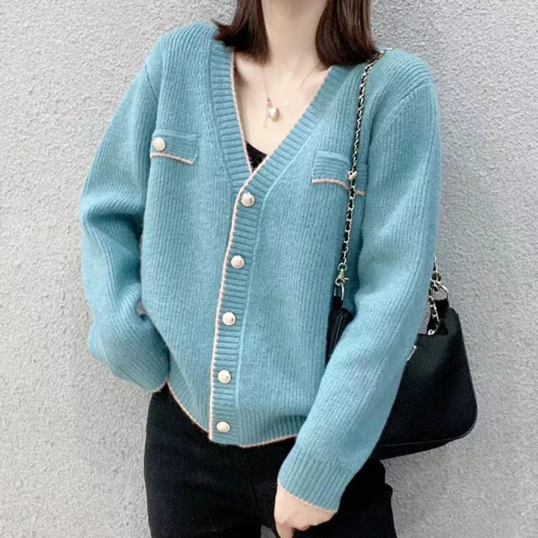 Women\'s Sweater Winter Button Blue V-neck Knit Tops for Woman Cardigan Red New Knitwear Y2k Vintage in Promotion Korean Style