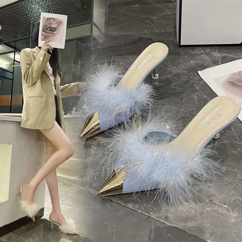 

2026 New Pointed Toe Stiletto Heel Mules For Women Fluffy Fur Decorated Closed Toe Slippers Elegant Metallic Cap Slip On Shoes