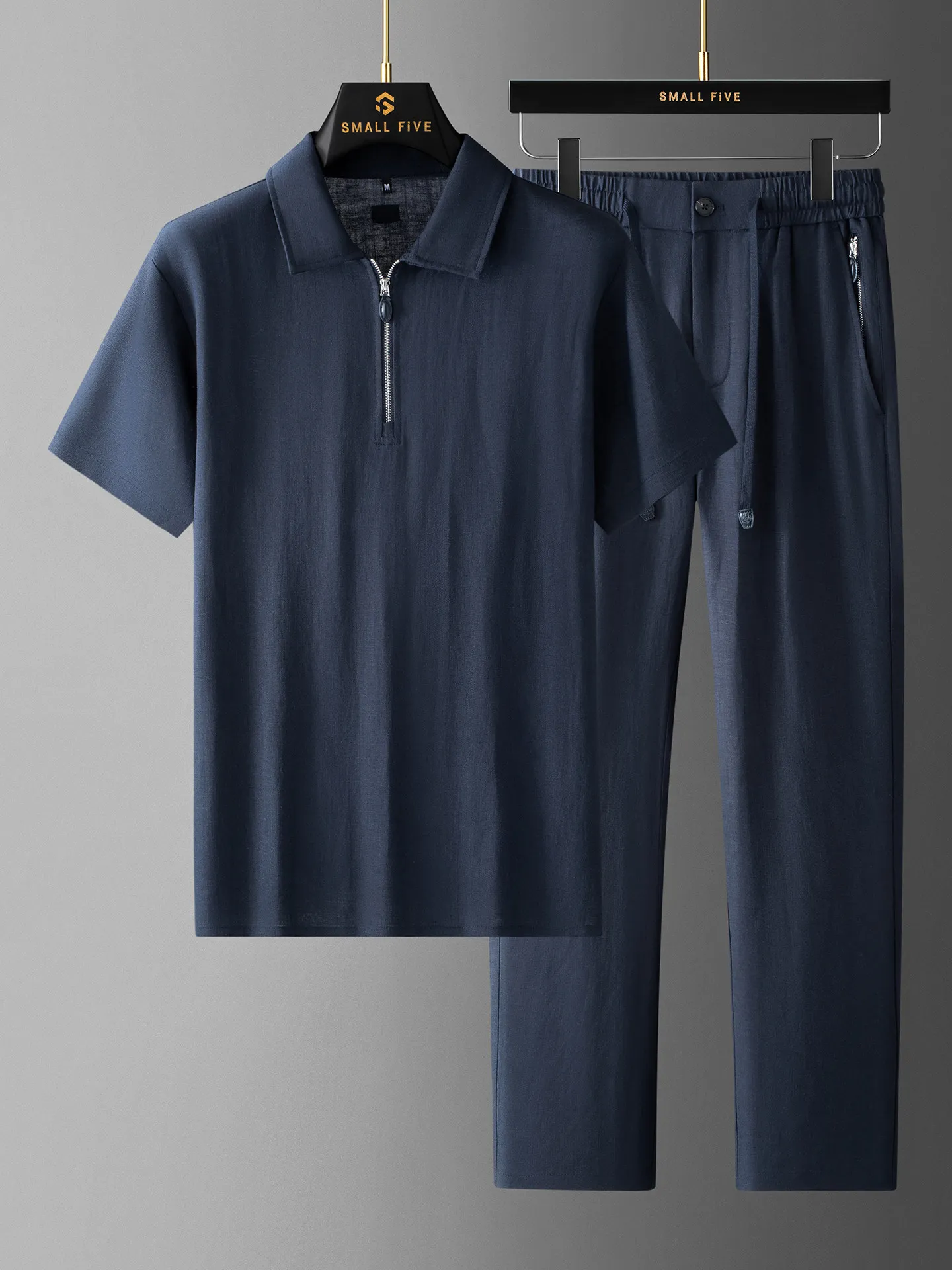 Summer High-End Texture Relaxed Old Money Style Cotton-Linen Solid-Color Men's Collarless Half-Zip Casual Sports Suit