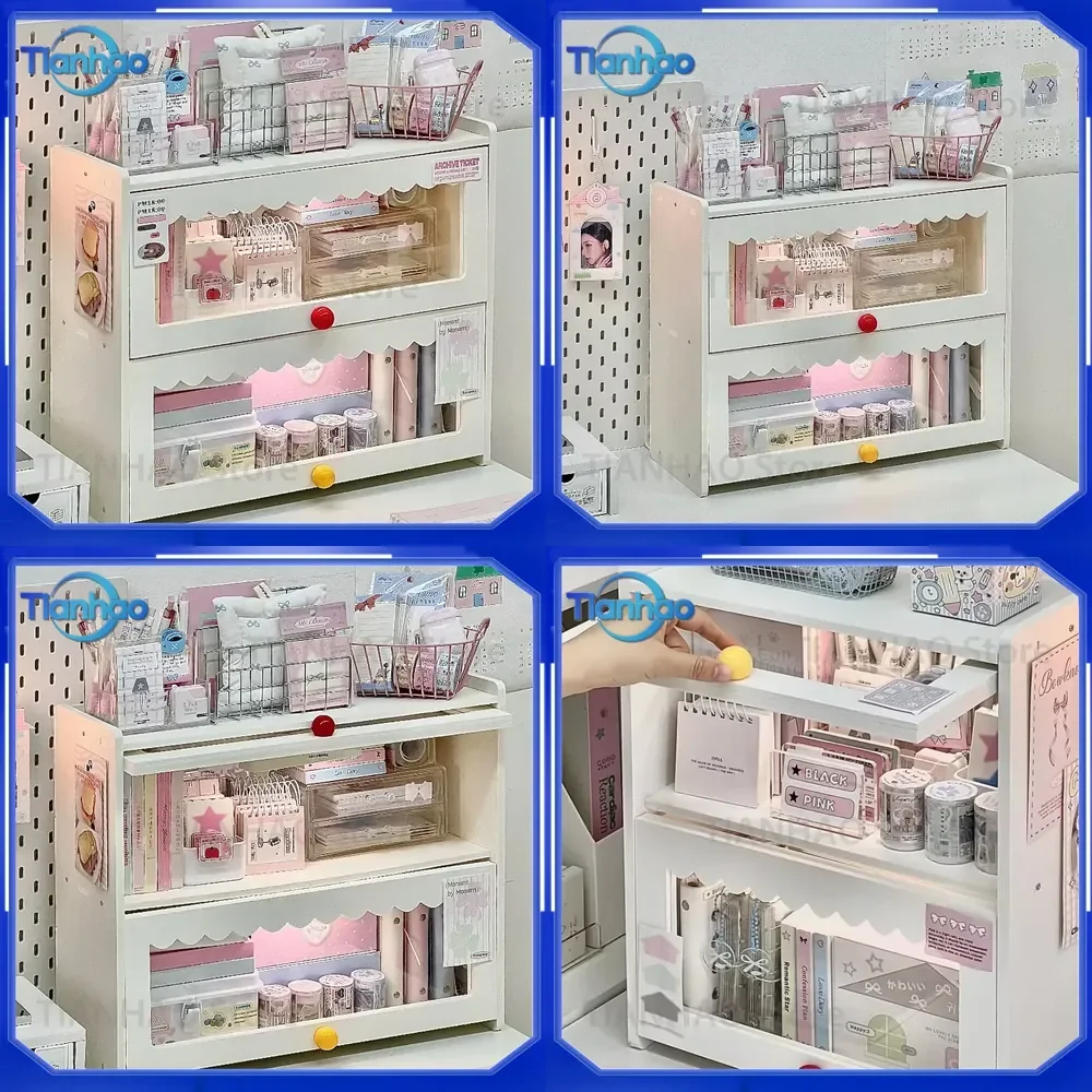 Cream Style MDF Desktop Shelf Flip Top Storage Box for Pens Stickers Notebooks Layered Organizer for Table Side