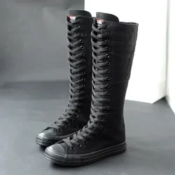 Canvas Long Boots for Women High Top Women Canvas Shoes Lace Up Knee High Boots Flats Casual Vulcanized Shoes Sneakers Girls