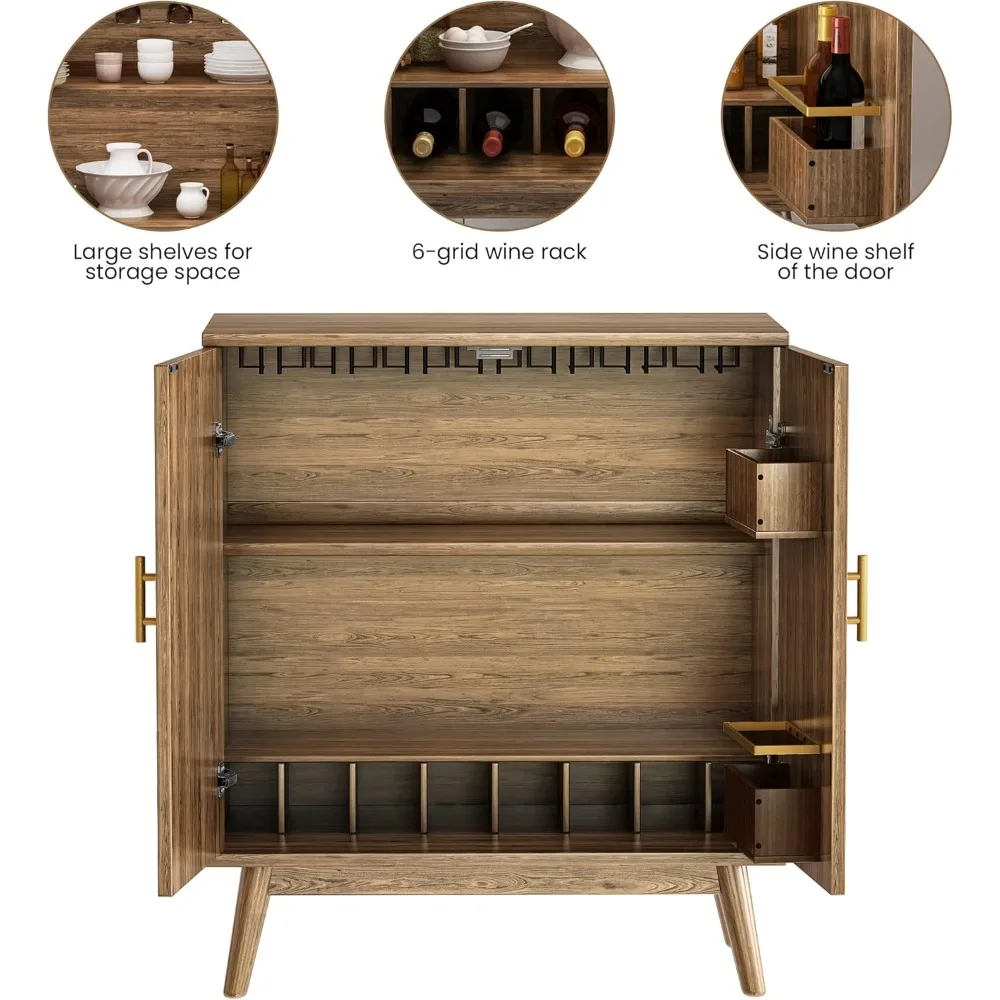 خزانة تخزين النبيذ والزجاج البني مع أبواب مزدوجة ورف النبيذ المدمج #3