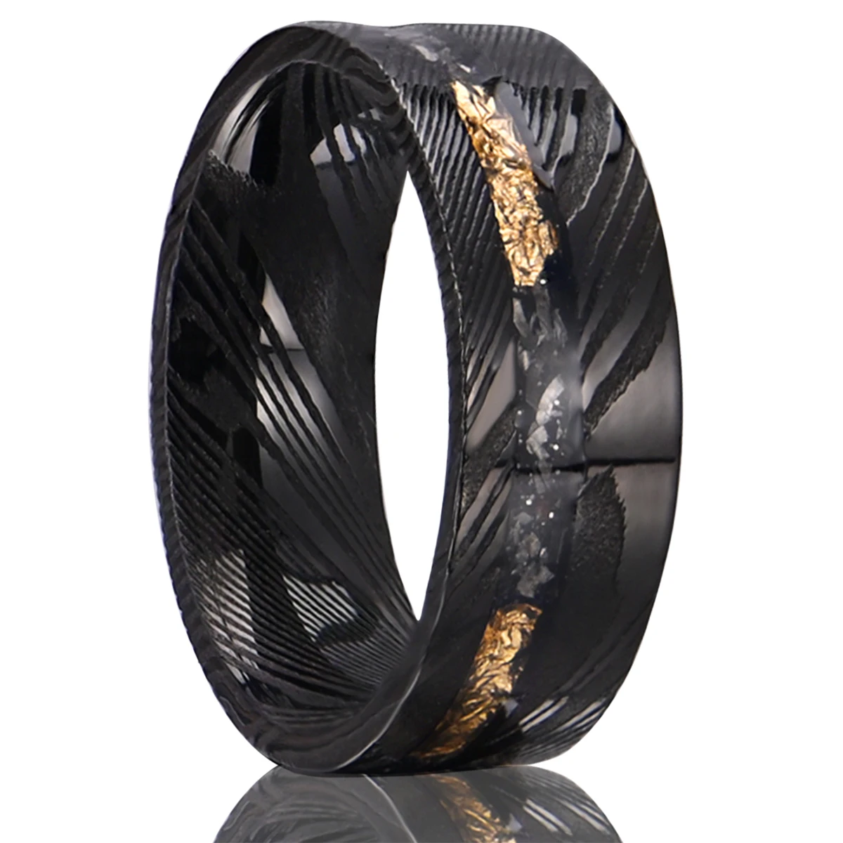 

Damascus Steel Neutral Ring With Electric Black Tungsten And ‌Golden Foil Men's Ring Black Tungsten Engagement Rings