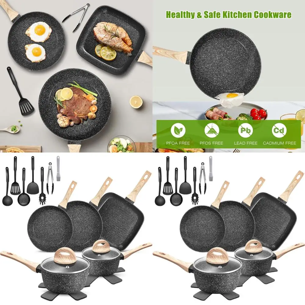 

Black Granite Non-Stick 19-Piece Cookware Set with Silicone Tools for Healthy RV Kitchen Cooking