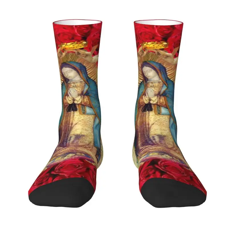 ถุงเท้าลายพระแม่กัวดาลูเป้พร้อมดอกไม้ สำหรับผู้ชายและผู้หญิง ถุงเท้าข้อสั้นแบบตลกๆ แปลกใหม่ สไตล์คาทอลิก
