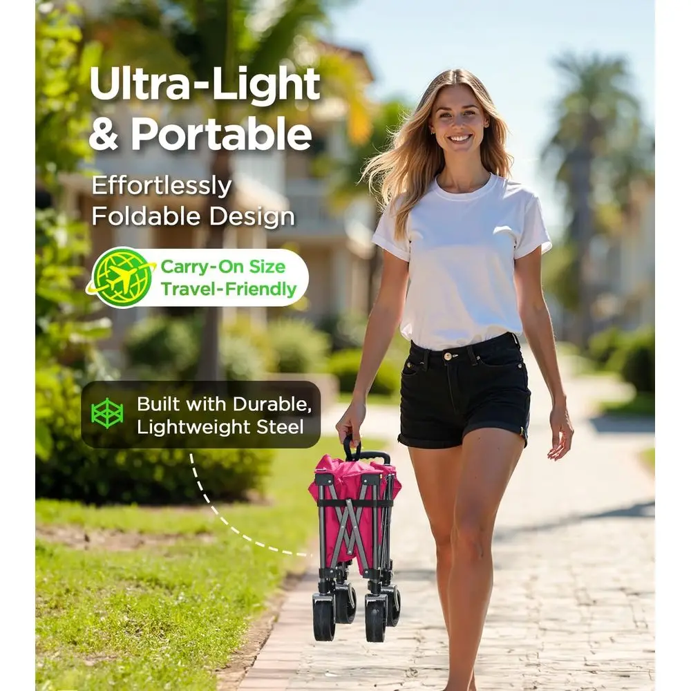 Draagbare all-terrain vouwwagen voor tuin, boodschappen, sport, kamperen - capaciteit van 220 lbs, grote wielen, roze