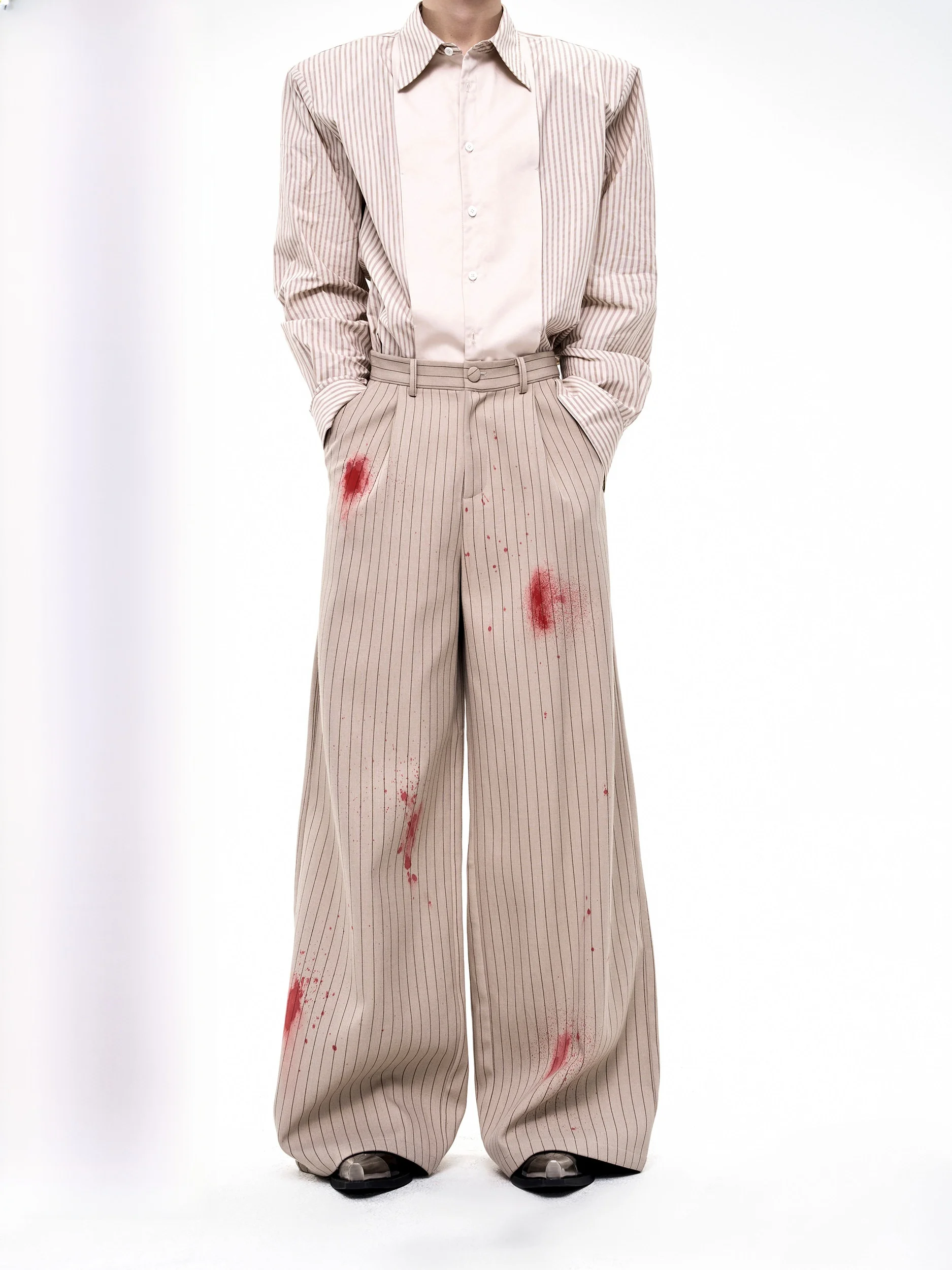 

Start Exceed End Men's Casual Pants Vertical Stripes Hand-Painted Milk Silk Drapey Sle Long Trousers for Autumn Season