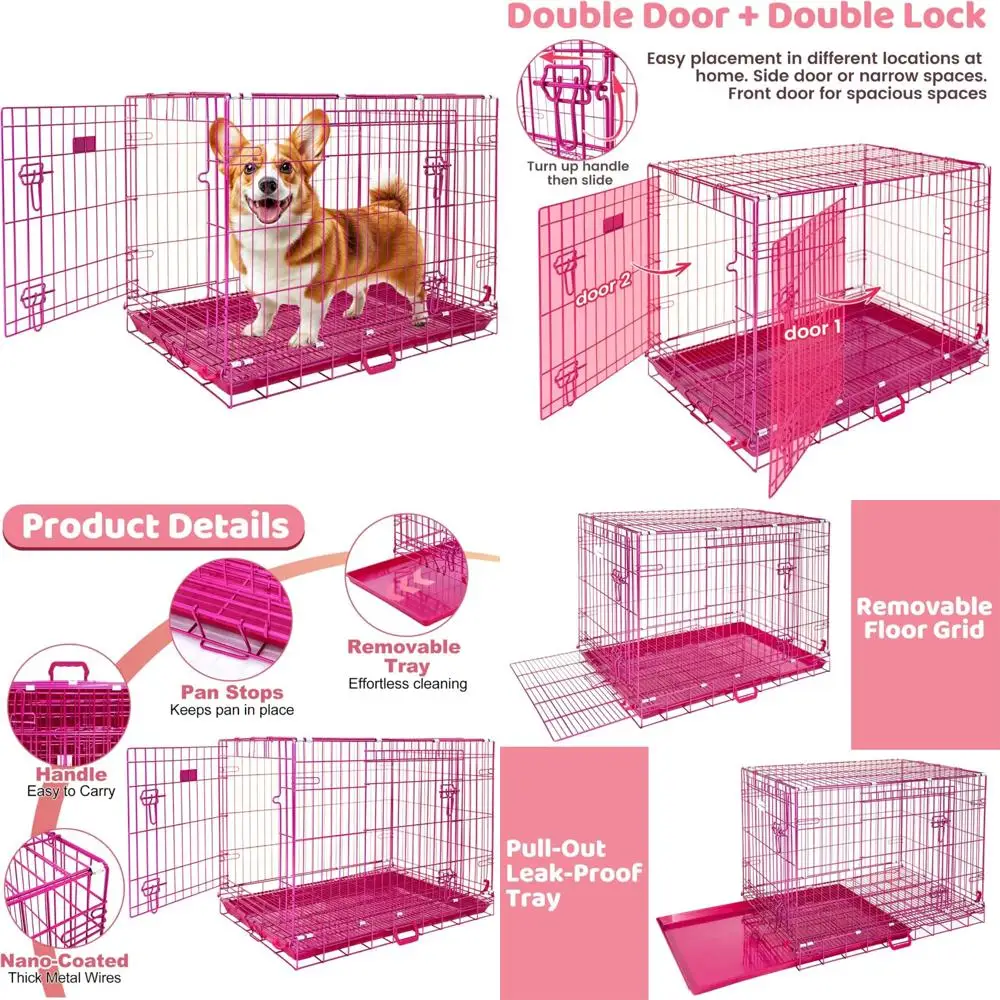 

Medium Pink Collapsible Dog Crate, 36 Inch Homey Pet Cage, Indoor Metal Wire Kennel with Removable Nano-Coat
