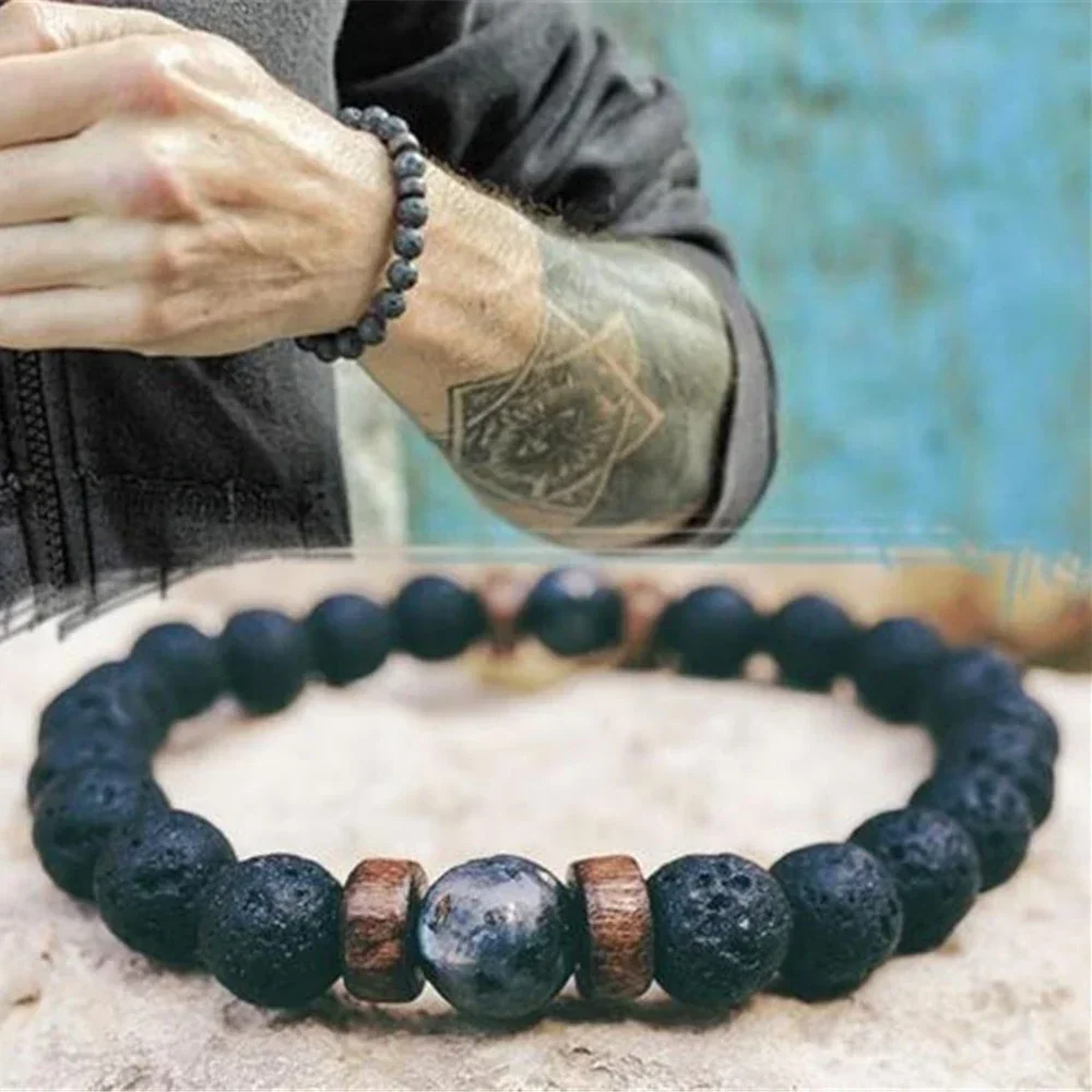 Vintage Natural Black Lava Stone Beads Prayer Bracelet for Men Healing Balance Chakra Personality Color Bangle for Women Jewelry