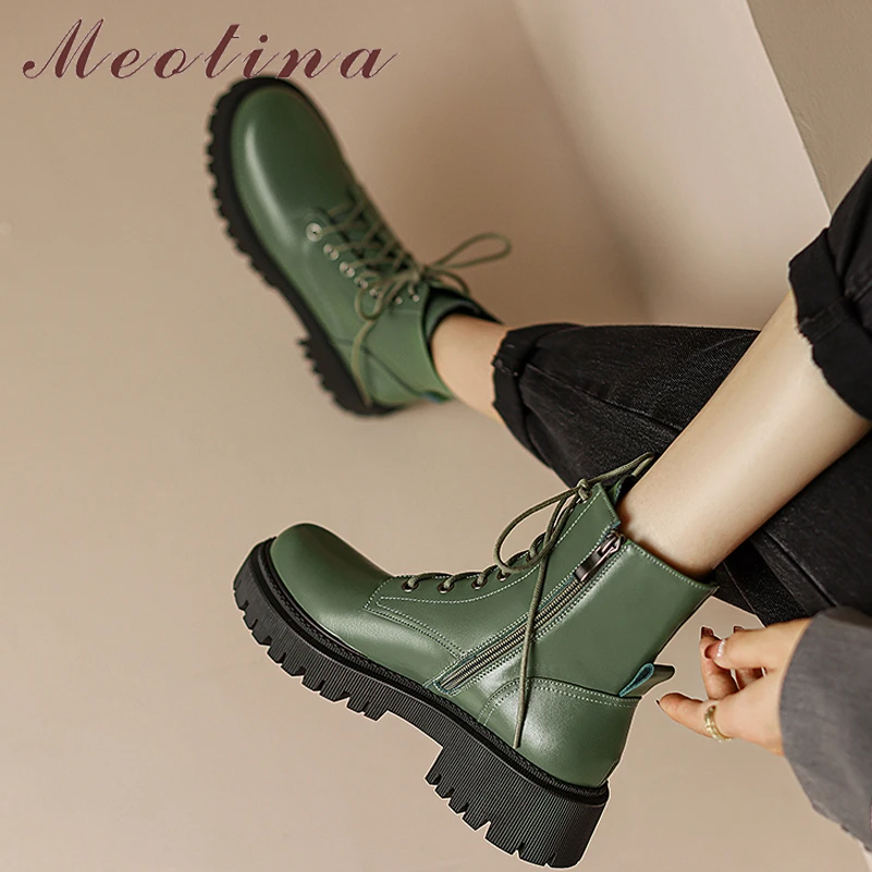 

Meotina Women Genuine Leather Ankle Boots Round Toe Platform Block Mid Heel Zipper Lace-up Short Boot Autumn Winter Lady Shoes