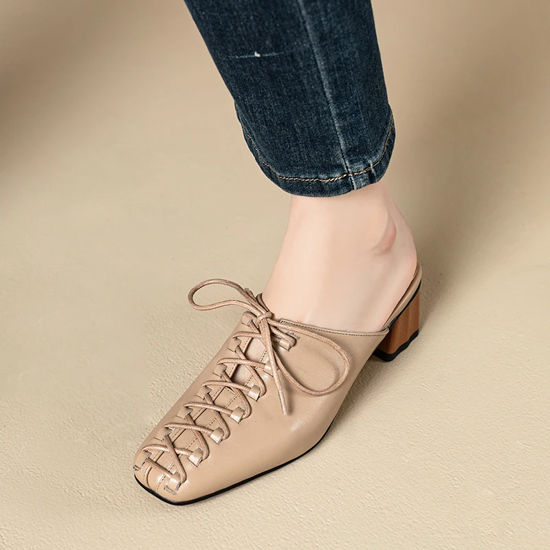 2024 Summer New Muller Slippers Women Square Toe Casual Working Comfortable High Heels Soft Genuine Leather Shoes Woman Concise