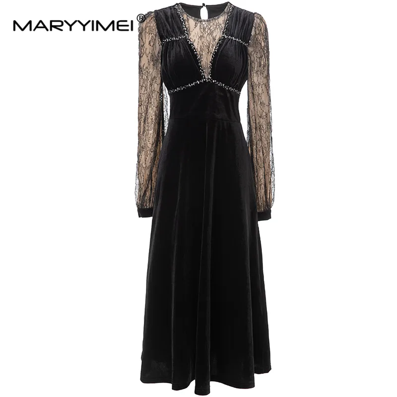 

MARYYIMEI New Fashion Runway Designer Dress Women's Round Collar Long Sleeves Beading Rhinestone Mesh Slim Black Midi Dresses