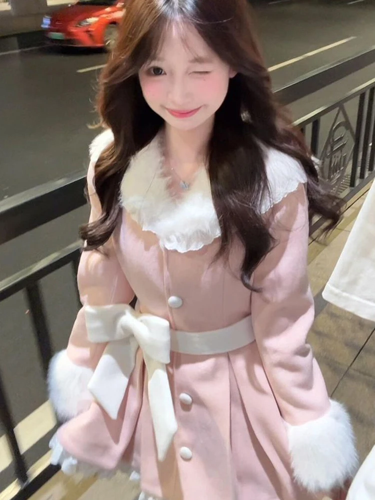 

Pink Sweet Lace Splicing Fur Collar Woolen Coat Women's Winter Waist-Cinching Slimming ort Coat Warm Fluffy Lapel Button up