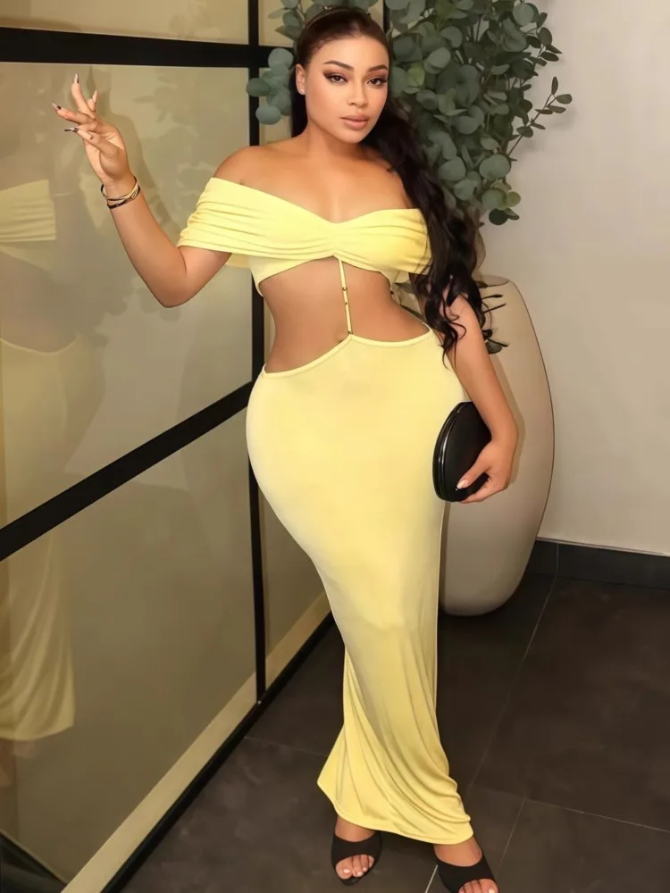 فستان بدون أكتاف للنساء خريفي بأكمام قصيرة بلون سادة فساتين مثيرة أنيقة للحفلات المسائية نحيفة قابلة للتمدد ماكسي Bodycon