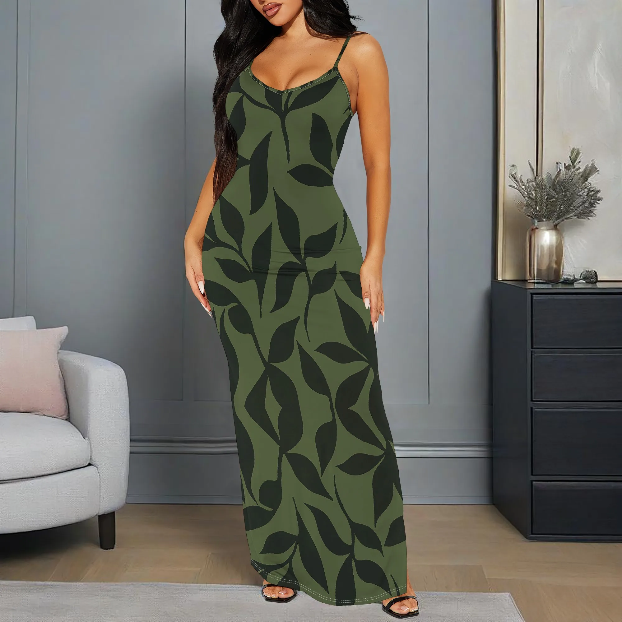 

Women's Spaghetti Strap African Print Maxi Dress Elegant Green Leaf Pattern Sleeveless Long Summer Beach Party Wear XS-3XL