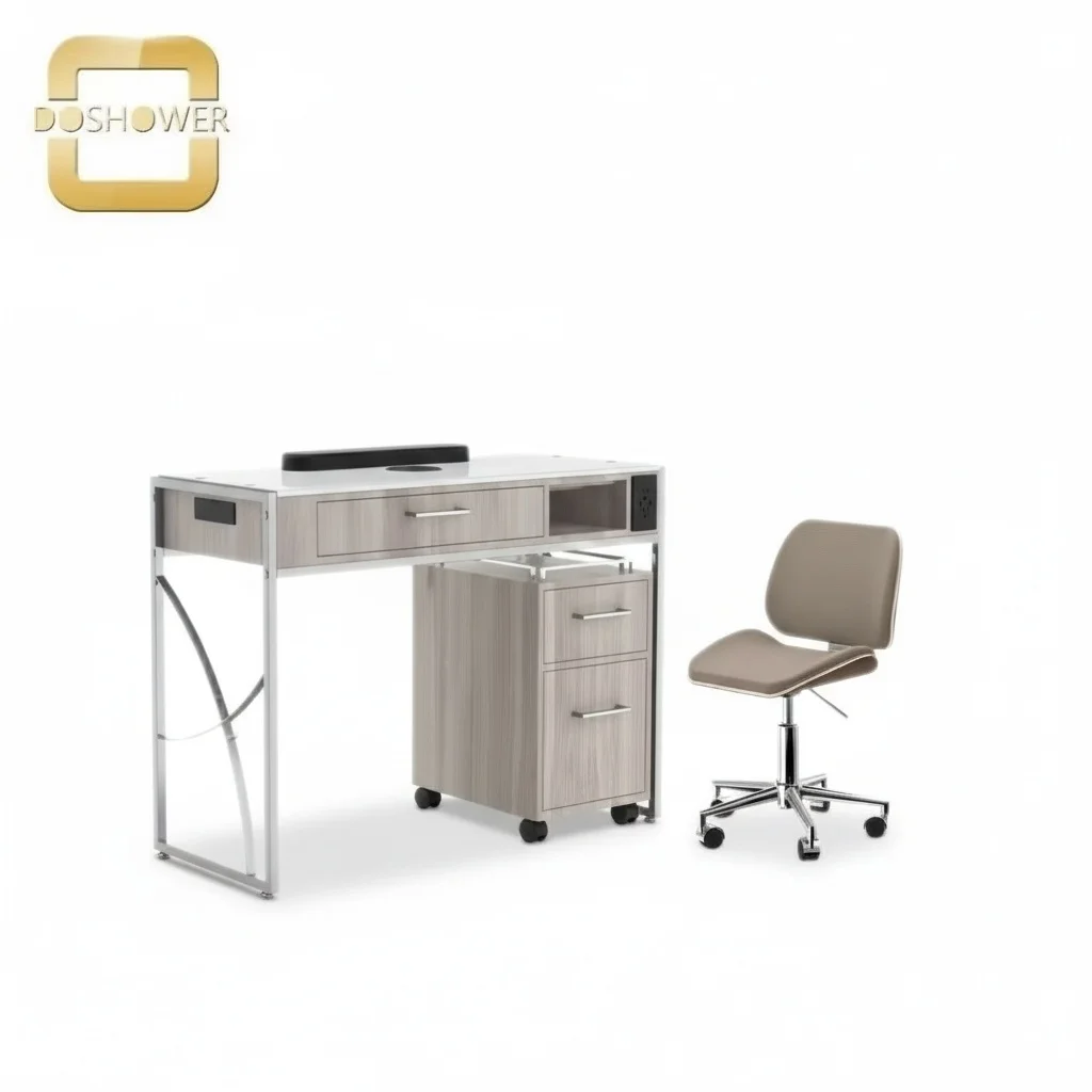 Manicure Table with Solid Wood Double Drawer, Nail Tech Station, Vented Nail Desk with PU Leather, Portable Spa Salon Furniture