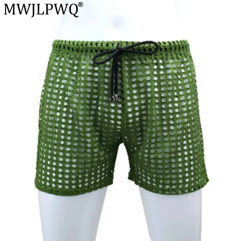 MWJLPWQ Men's Solid Color Casual Summer Shorts Elastic Nylon Hollow Large Mesh Drawstring Three-Quarter Pants 20047
