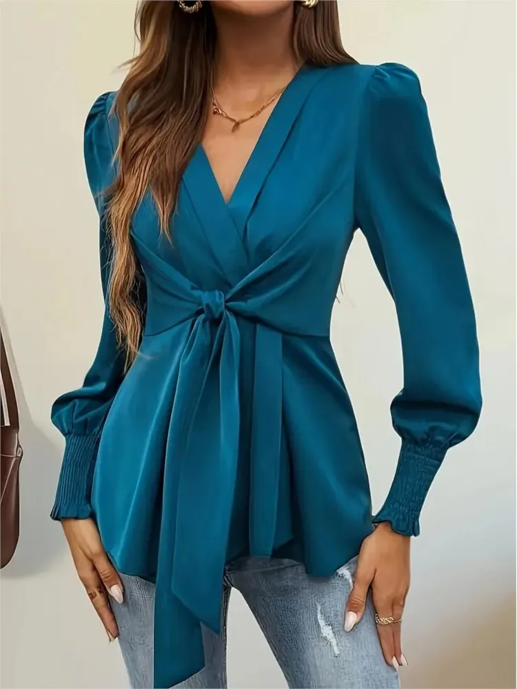

Elegant Women's Waistband Solid Color Long-sleeved Shirt Spring Autumn New Fashion V-neck Puff Sleeve Female Office Tops 2025