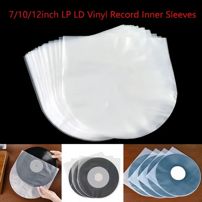 50 Pack Transparent Vinyl Record Sleeves, Anti-Static Plastic LP Record Bags, Fits 7 10 12 Inch Records