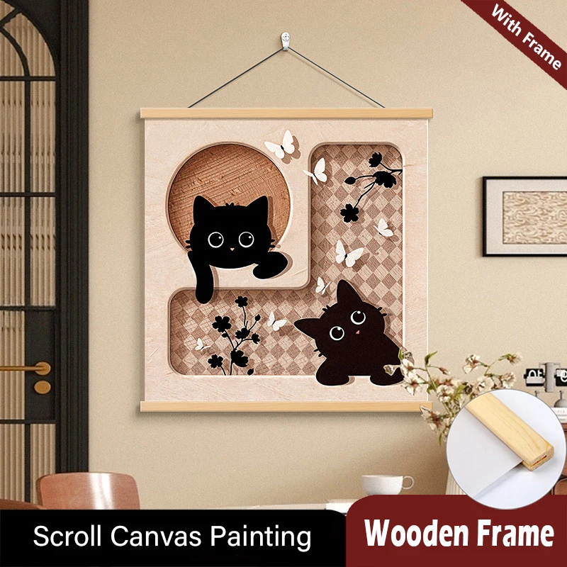

Modern Cat Wood Hanging Scroll Painting Vintage Cartoon Kitten Wall Poster Cute Animal Art Decor for Dining Bedroom Home Decor