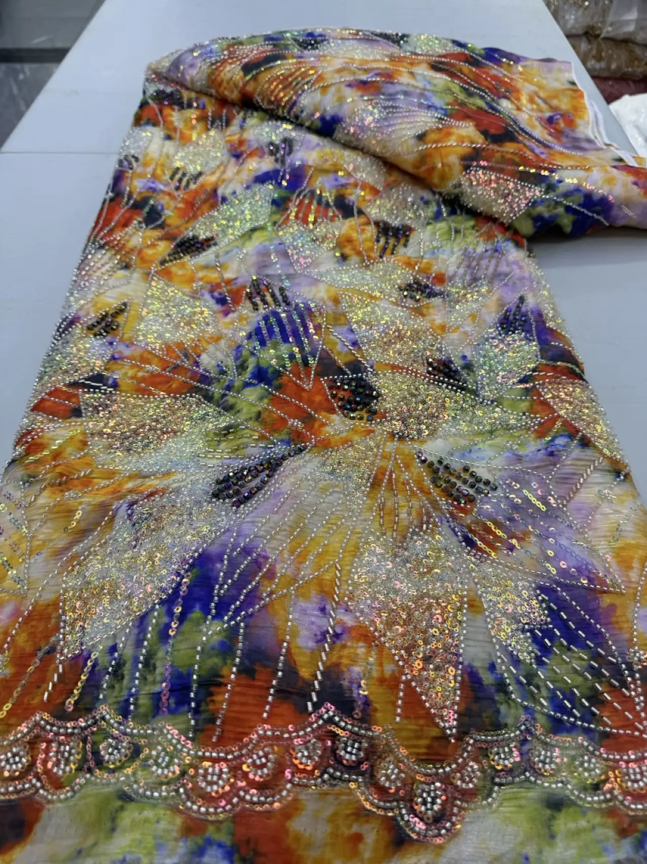 African Lace Fabric 2025 High Quality 5yard Textile Printing Sequins Beaded Lace Embrordered Tulle Lace for  Party Dress AH1620