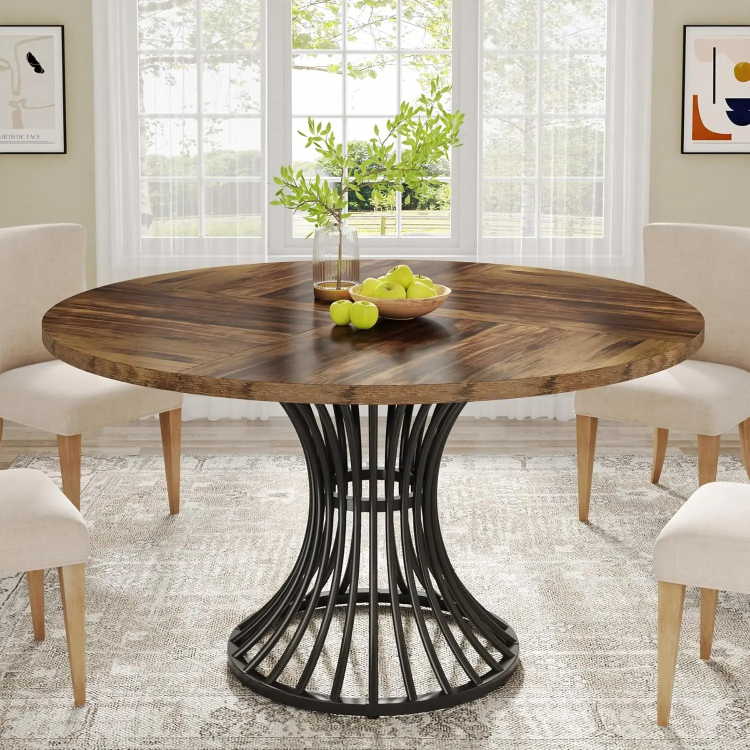 Round Dining Table for 4-6 People, 47" Large Rectangular Kitchen Table with Geometric Legs, Unique Dinner Table Kitchen