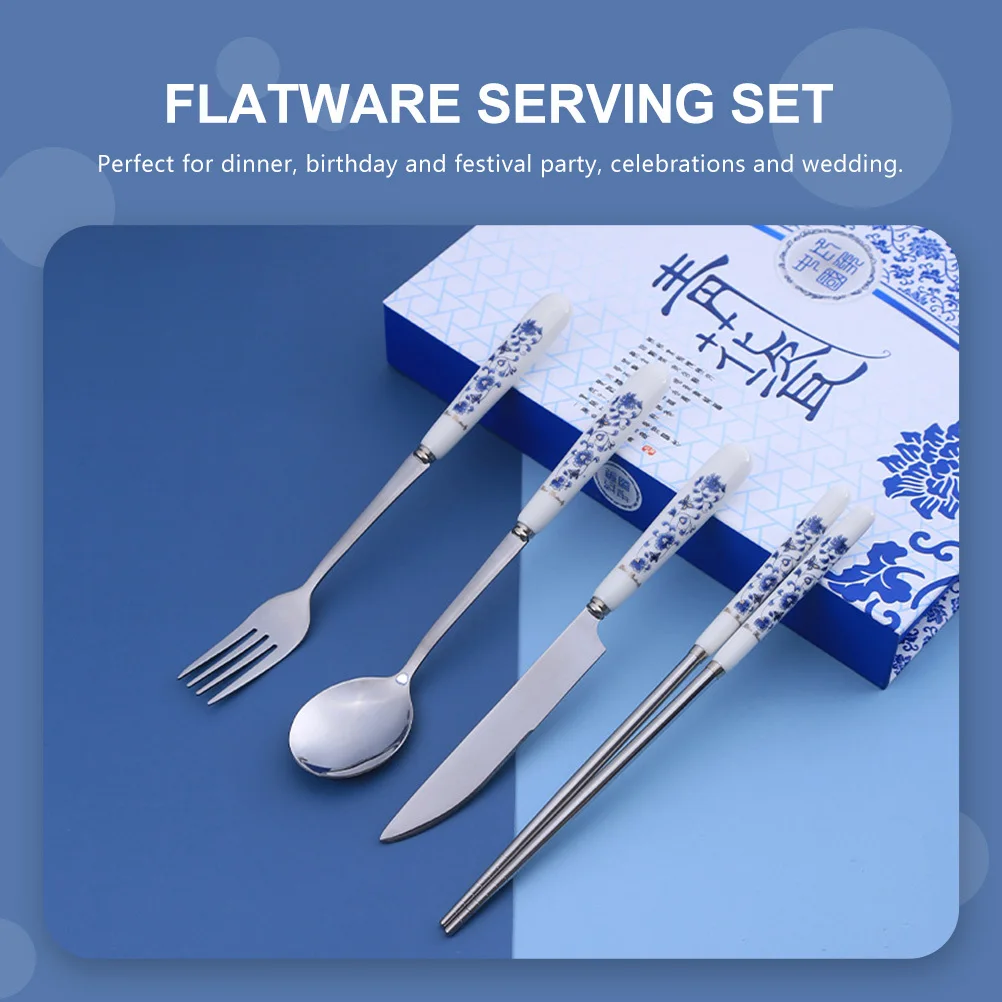 

1 Set Blue Porcelain Tableware Set Smooth Polished Modern Design Flatware For Home Dinner Party Wedding Stainless Steel