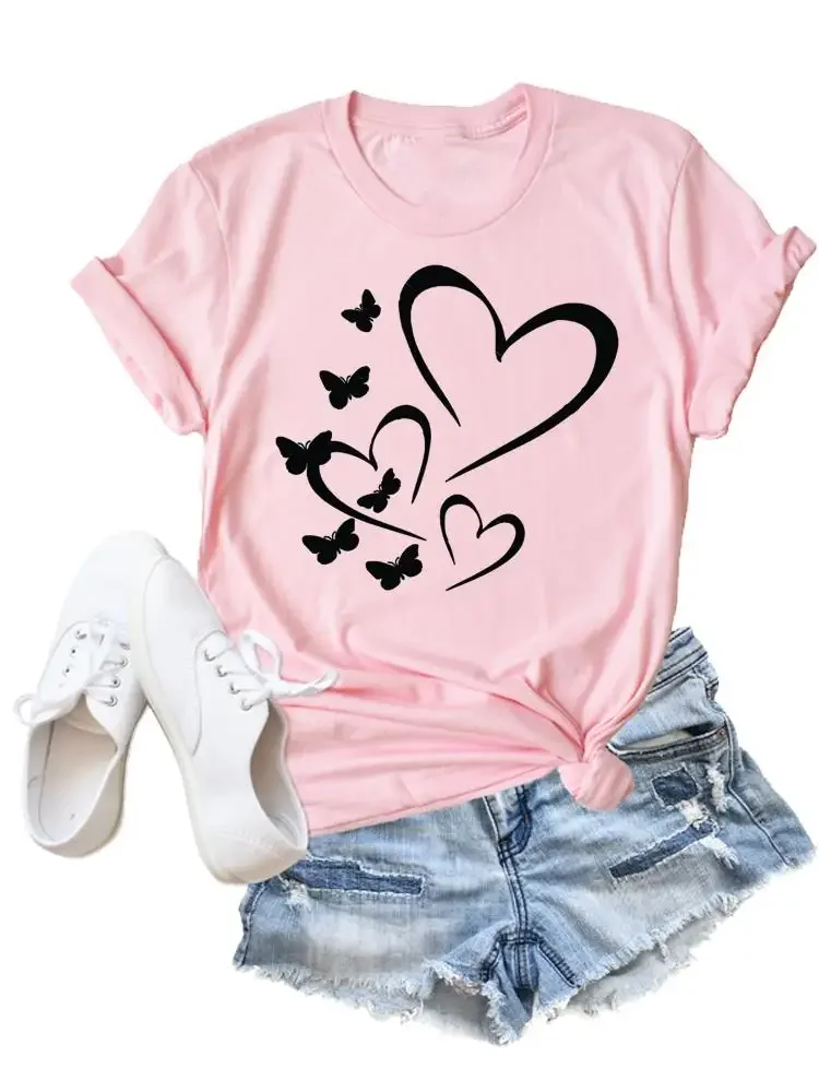 Camiseta con estampado de flores y mariposas para mujer, ropa de moda, camisetas de dibujos animados, camiseta estampada informal para mujer