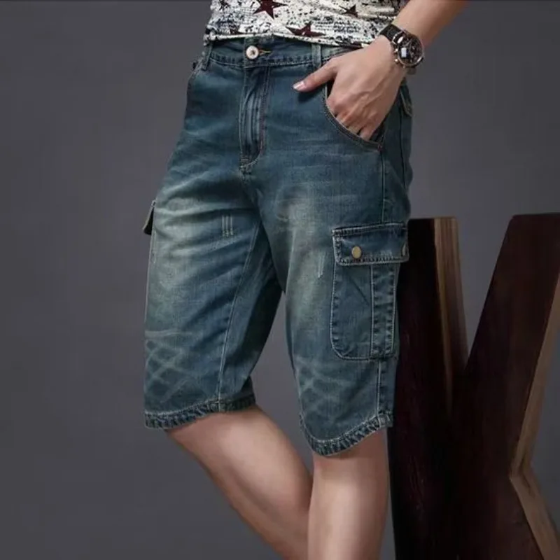 Koreanische Luxuskleidung 2025, Sommer, dünne Denim-Shorts, lockere, lässige, gerade, mittlere Hosen, koreanische Overalls mit mehreren Taschen, 3/4-Hosen