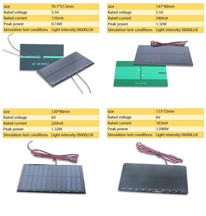 5.5V 6V Min Solar panle 135mA 220mA 240mA 250mA 500mA 550mA  For DIY Battery Cell Phone Chargers Portable Solar Cell with Cable