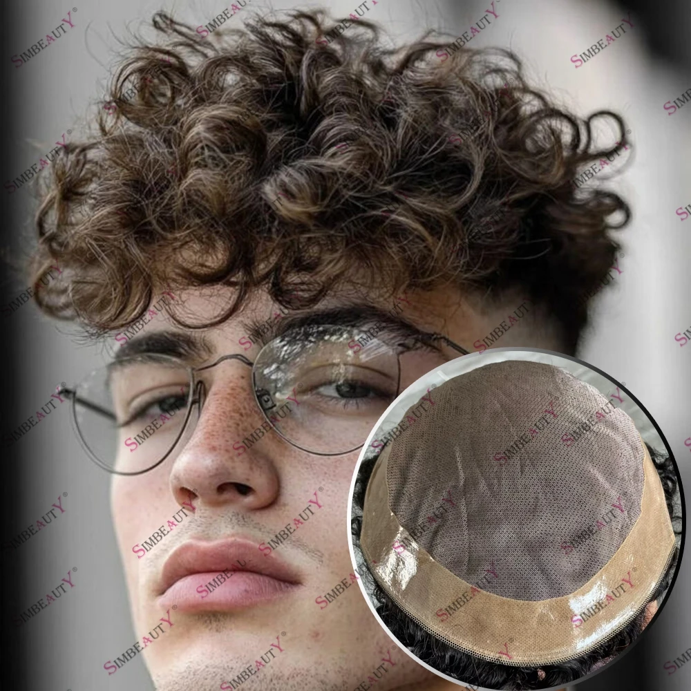 

Natural Curly 24mm Human Hair Fine Mono Durable&Breathable Toupee for Men Light Brown Male Hair Replacement Super Strong Base