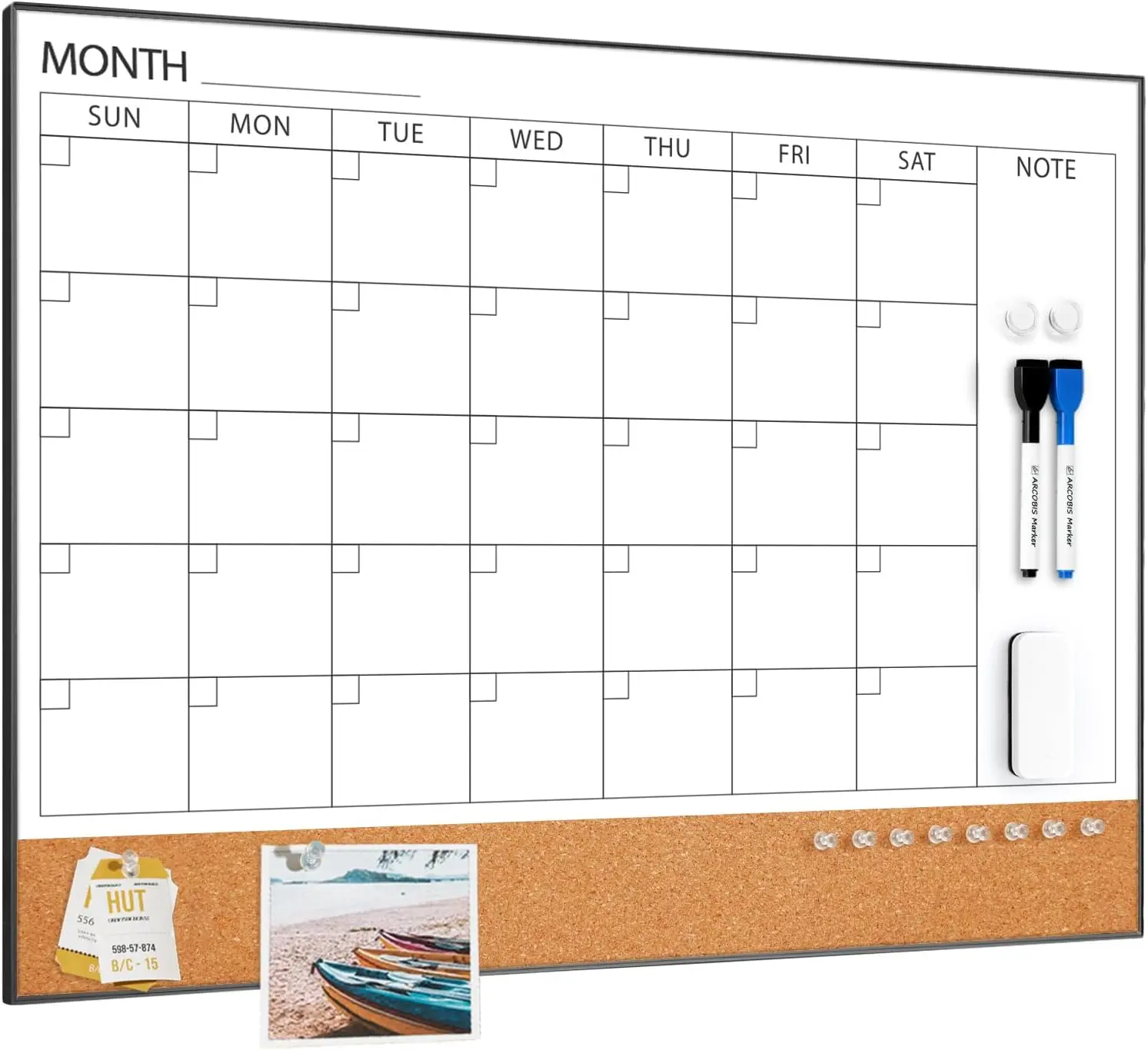 

Магнитный календарь-доска для сухого стирания 24x18 с пробковой доской, черная рамка для школы, дома, офиса, настенный