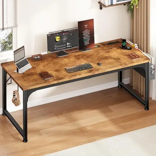 63 x 24 inch Large Computer Desk, 24mm Thick Desktop with Power Outlets, RGB LED, Office Desk with Detachable Stand