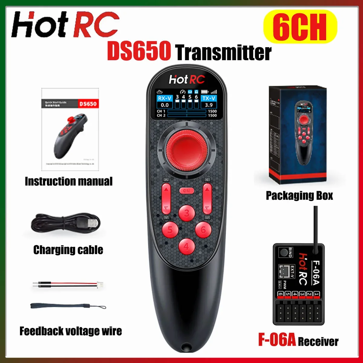 

HOTRC 2.4G DS650 6CH Radio System Transmitter One Handed Remote Controller with 6CH Voltage Return Receiver for RC Boat Model