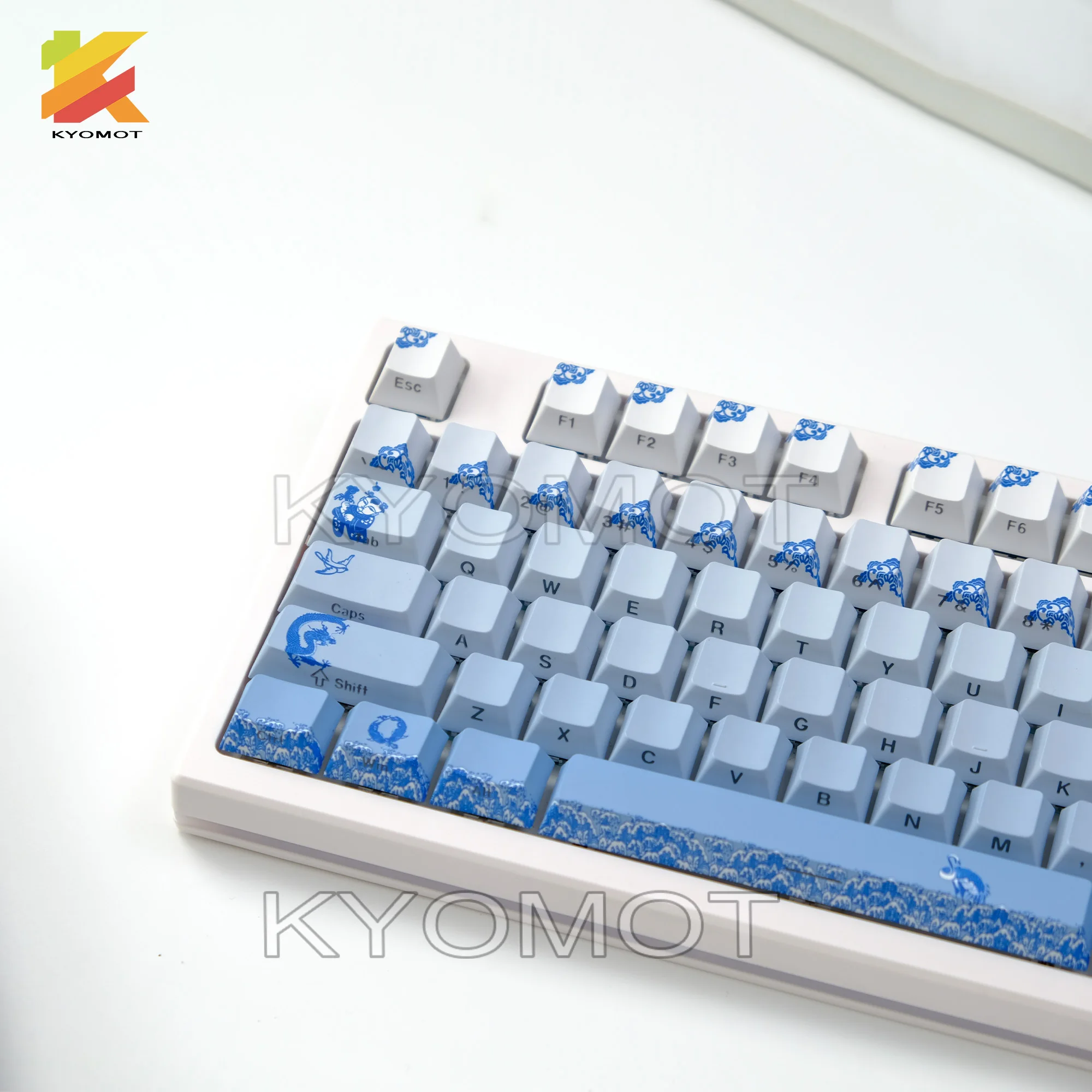 Blue And White Porcelain PBT Double Shot Keycaps Side Print Shine Through 135 Keys Cherry Profile Keycap for Mechanical Keyboard